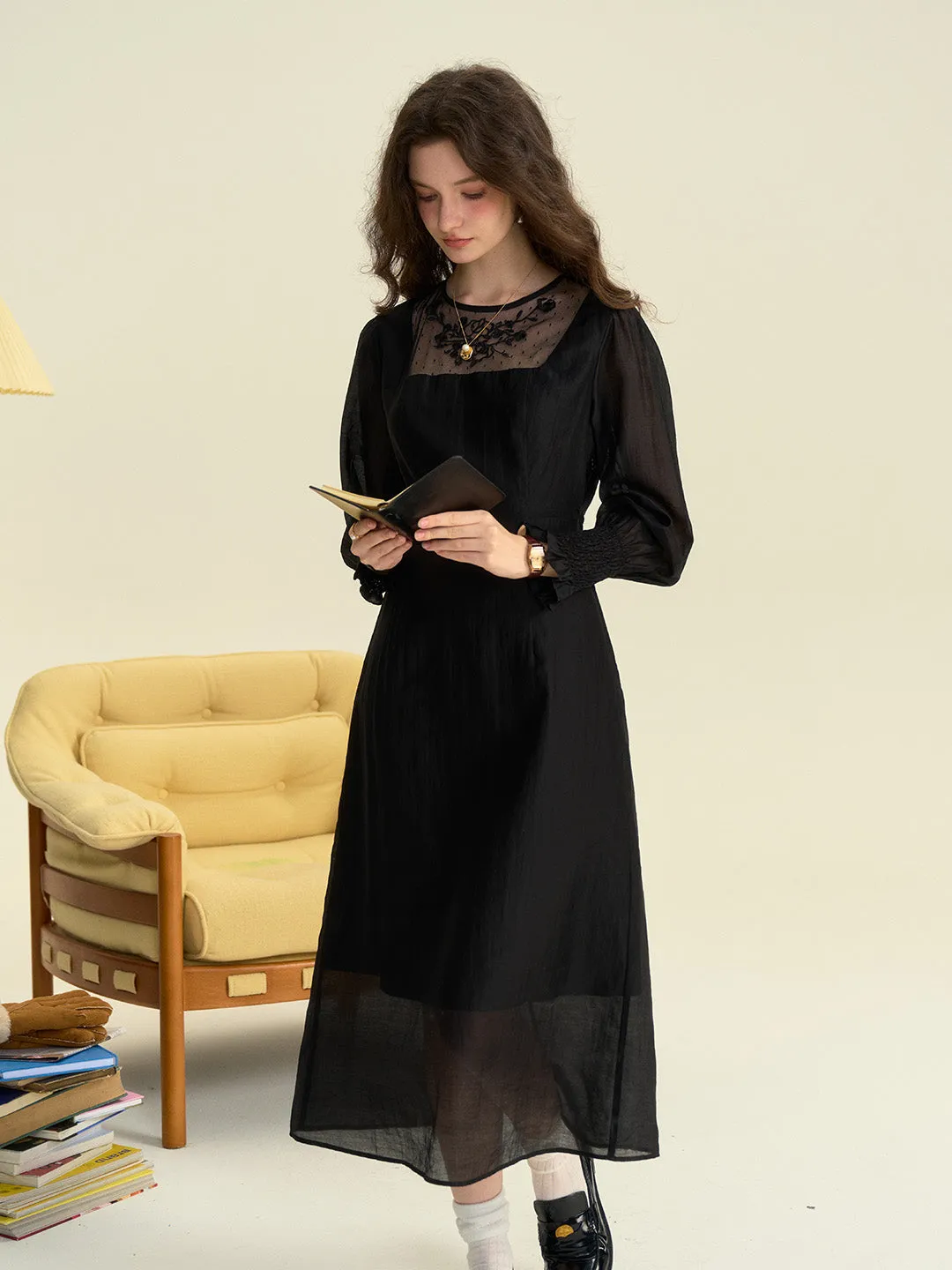 Carolyn Round Neck Mesh Embroidered Trimmed Sleeve Dress sold by Simple Retro