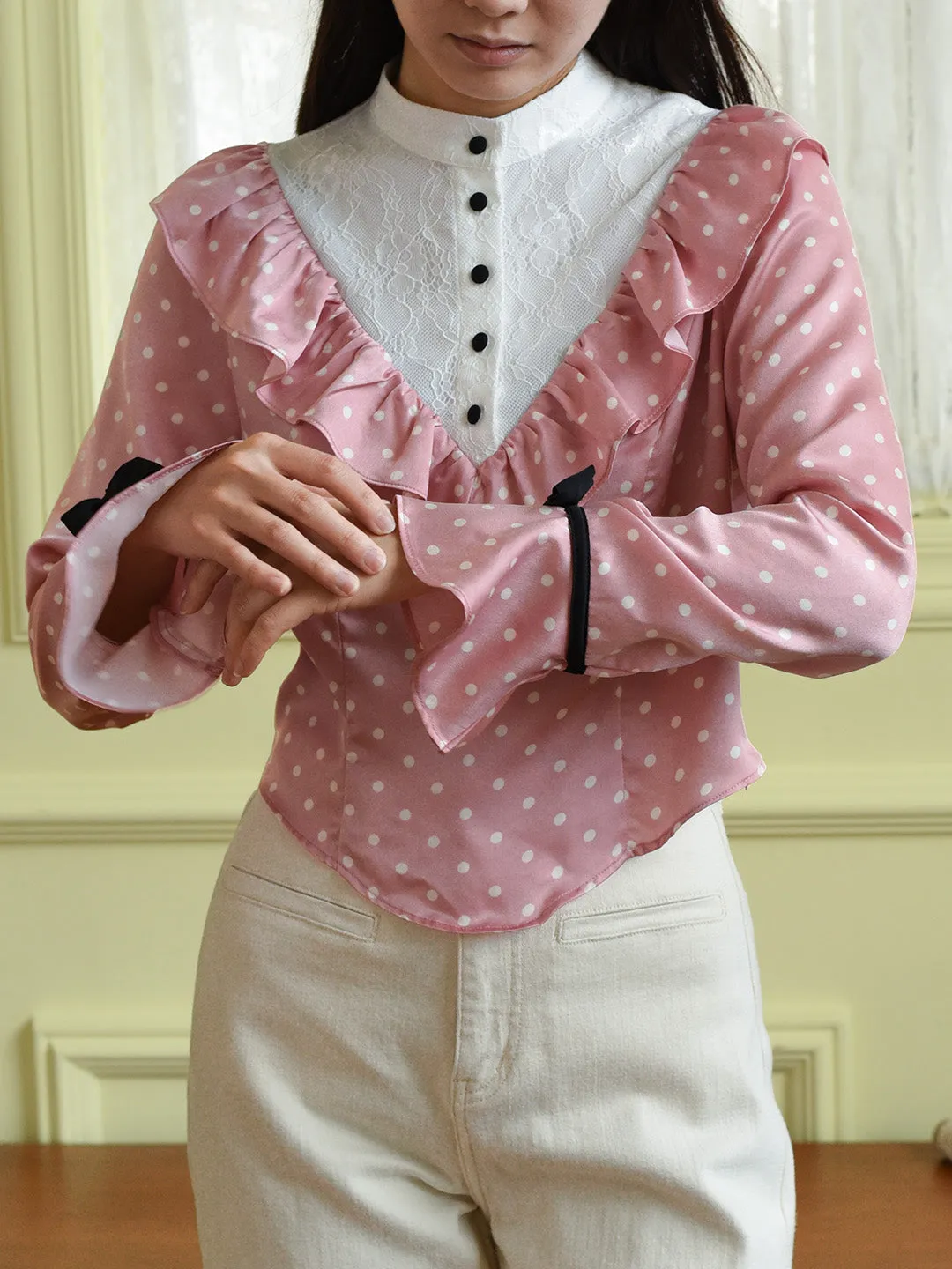 【Final Sale】Milana Mock Neck Contrast Lace Bow Trumpet Sleeves Polka Dot Blouse sold by Simple Retro product image thumbnail 4