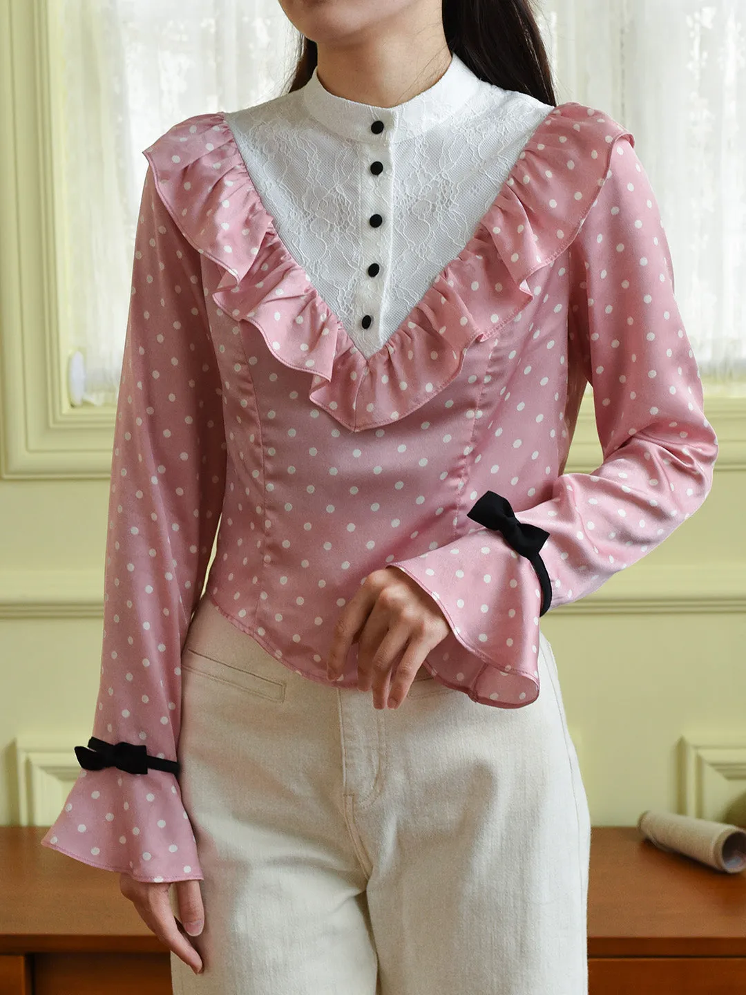 【Final Sale】Milana Mock Neck Contrast Lace Bow Trumpet Sleeves Polka Dot Blouse sold by Simple Retro product image thumbnail 3
