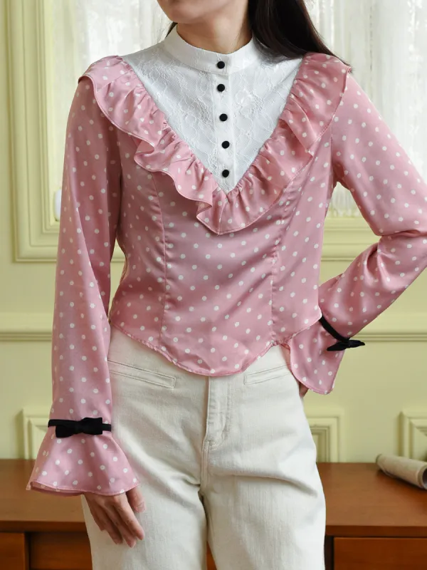 【Final Sale】Milana Mock Neck Contrast Lace Bow Trumpet Sleeves Polka Dot Blouse sold by Simple Retro