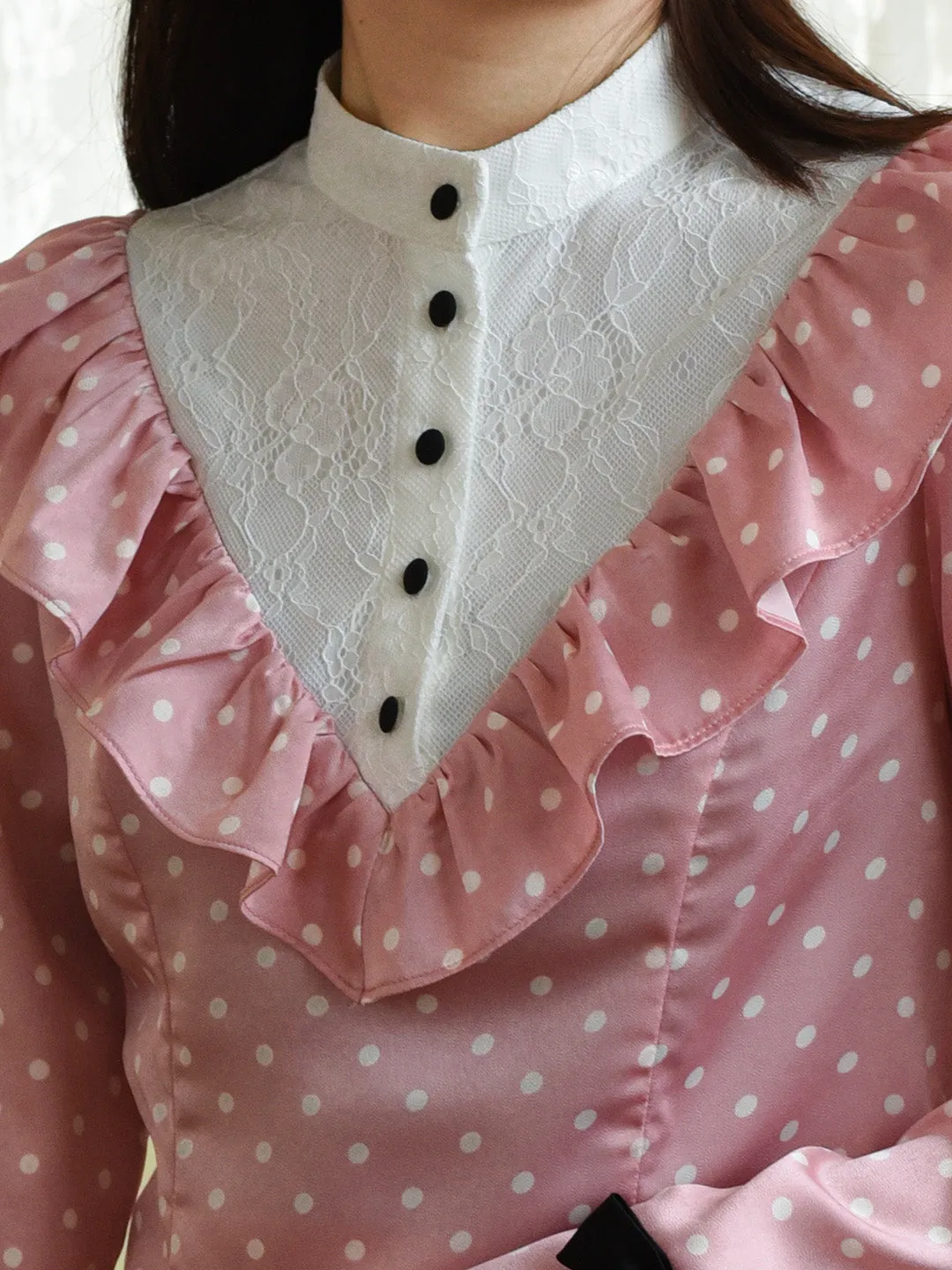 【Final Sale】Milana Mock Neck Contrast Lace Bow Trumpet Sleeves Polka Dot Blouse sold by Simple Retro product image thumbnail 2