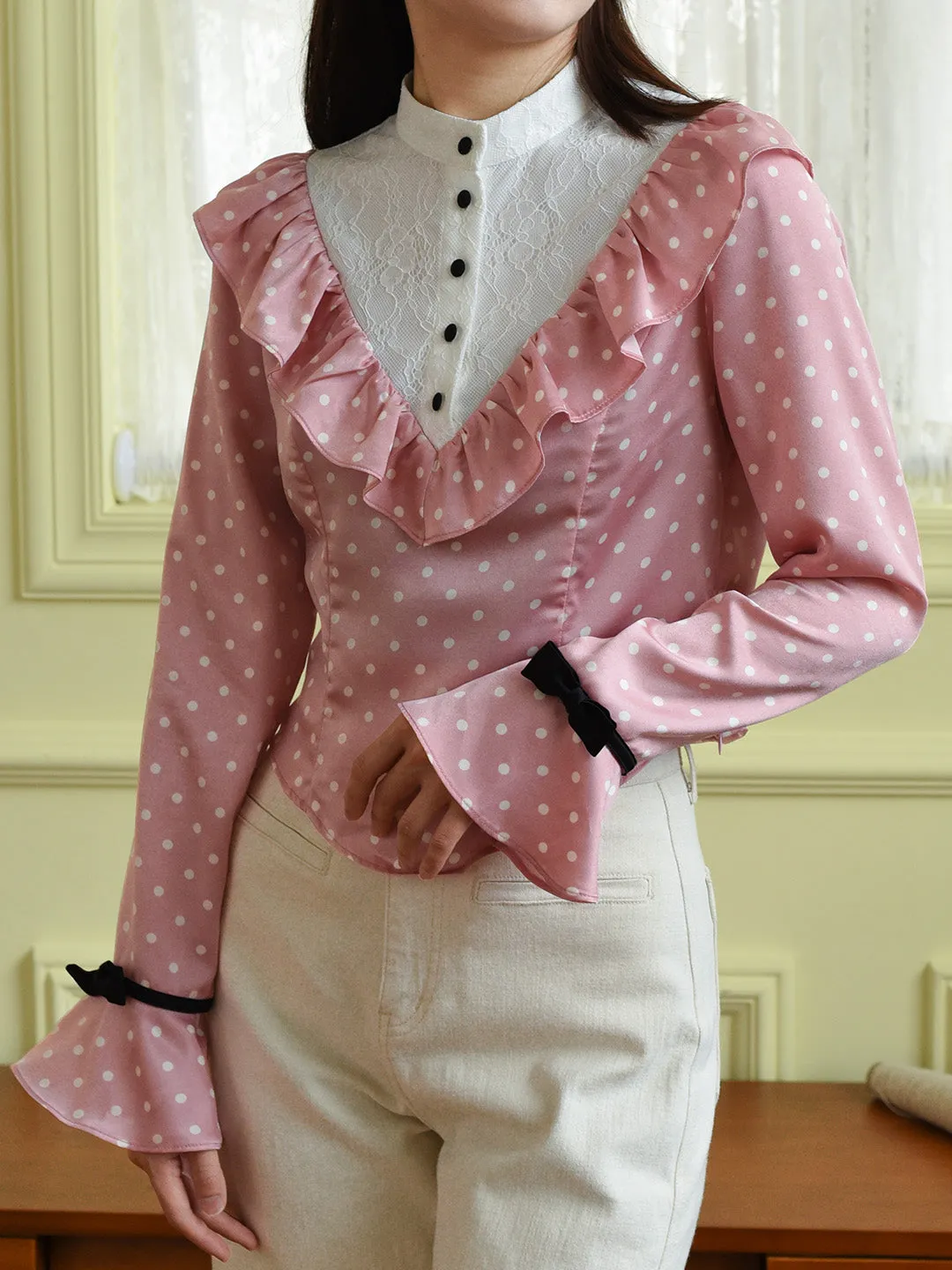 【Final Sale】Milana Mock Neck Contrast Lace Bow Trumpet Sleeves Polka Dot Blouse sold by Simple Retro product image thumbnail 5