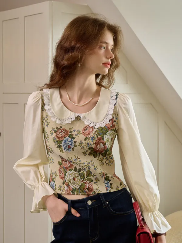 Coraline Lace Doll Collar Bell Sleeves Floral Patchwork Eedwardian Style Top sold by Simple Retro