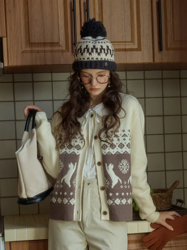 Giana SR Exclusive Cat & Snowflake Jacquard Round Neck Fair Isle Cardigan (With Scarf) sold by Simple Retro