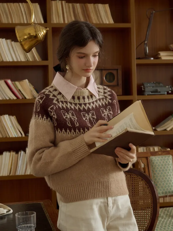 Amayah Sweet Bow Jacquard Classic Crew Neck Fair Isle Sweater sold by Simple Retro