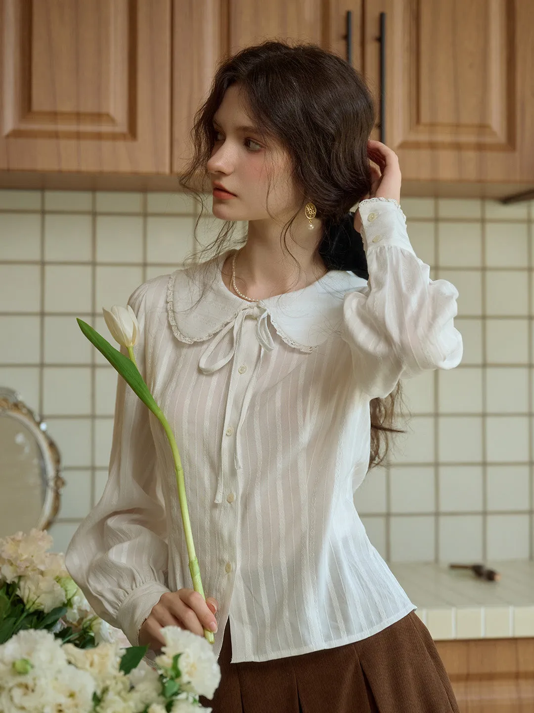 Addilyn Romantic Doll Collar Lace Stitching Tie Eedwardian Style Blouse sold by Simple Retro