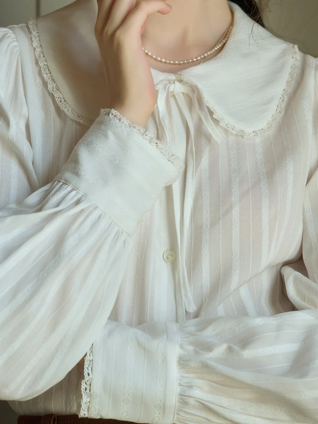 Addilyn Romantic Doll Collar Lace Stitching Tie Eedwardian Style Blouse sold by Simple Retro product image thumbnail 5