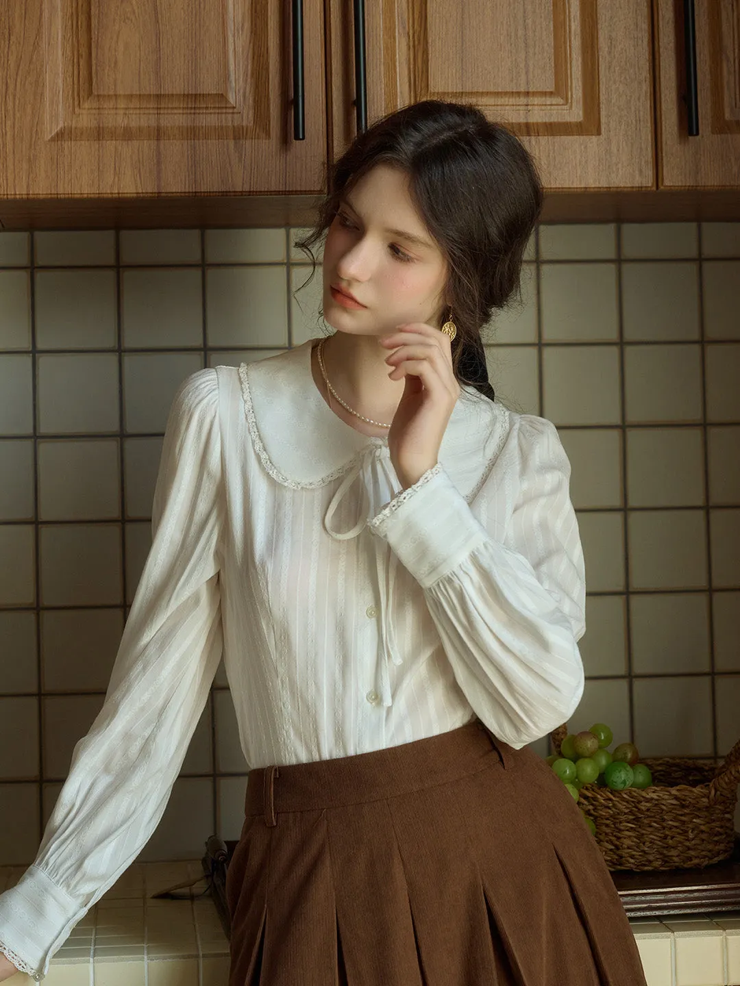 Addilyn Romantic Doll Collar Lace Stitching Tie Eedwardian Style Blouse sold by Simple Retro product image thumbnail 3