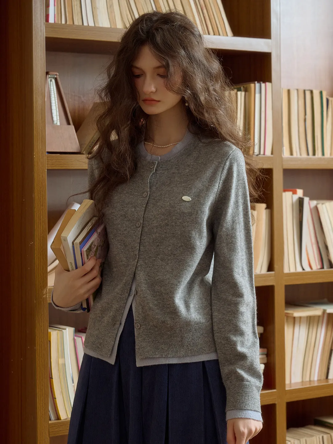 Nola SR Logo Round Neck Contrast Color Faux Two-Piece 100% Wool Cardigan - Gray Blue sold by Simple Retro product image thumbnail 3