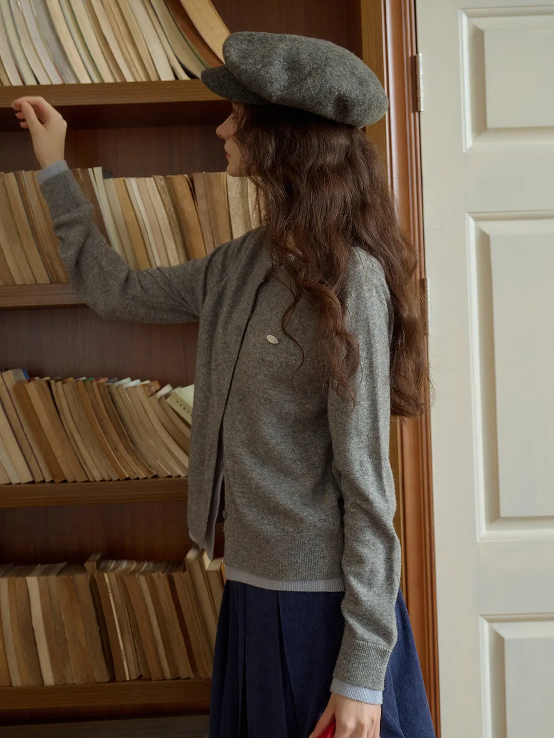 Nola SR Logo Round Neck Contrast Color Faux Two-Piece 100% Wool Cardigan - Gray Blue sold by Simple Retro product image thumbnail 5