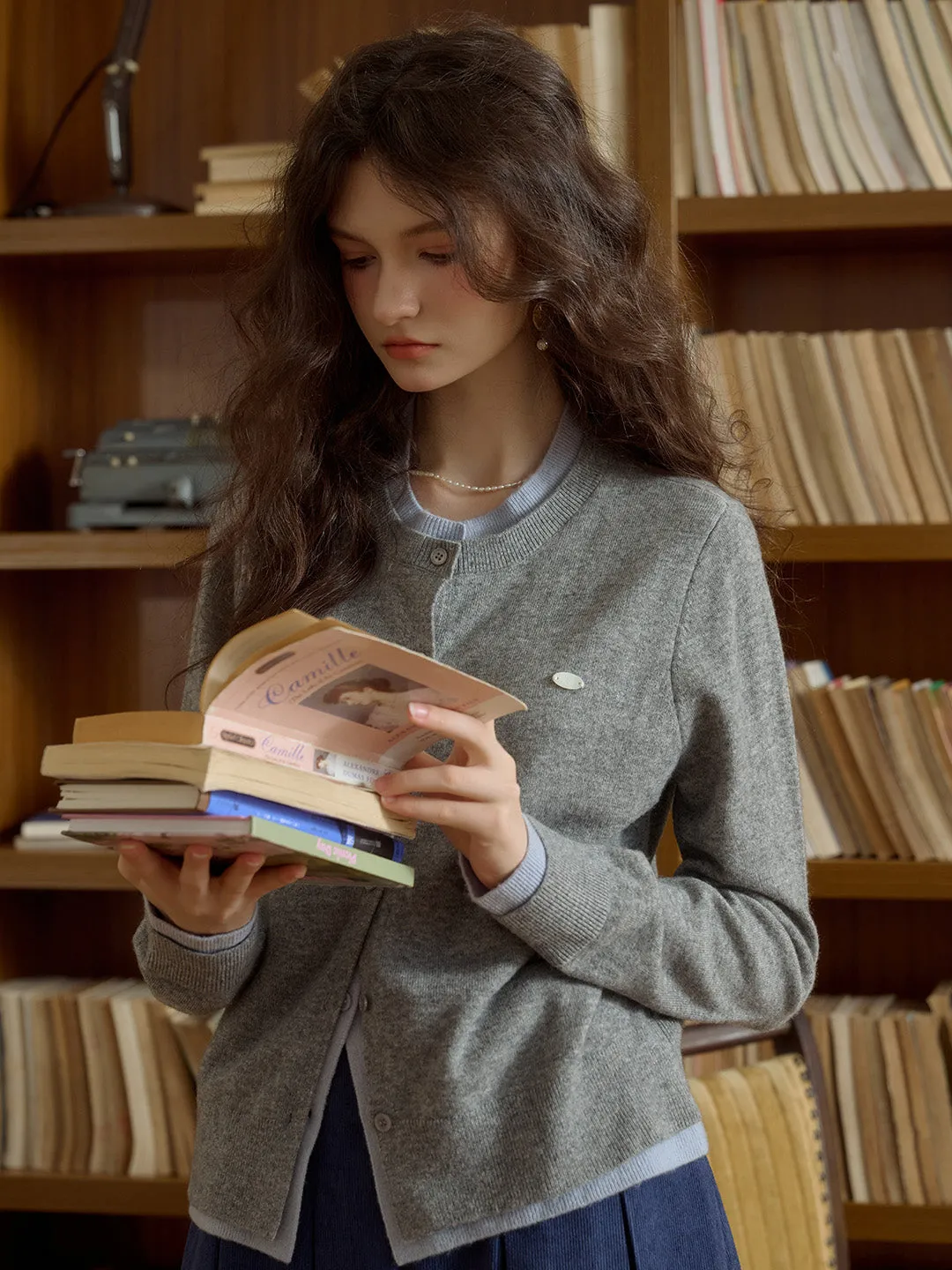 Nola SR Logo Round Neck Contrast Color Faux Two-Piece 100% Wool Cardigan - Gray Blue sold by Simple Retro product image thumbnail 4