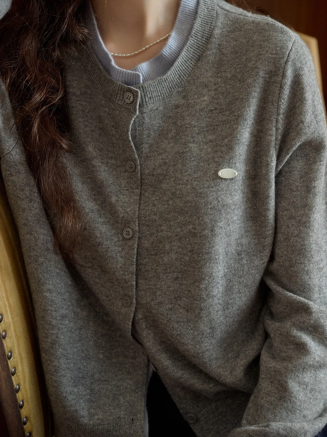 Nola SR Logo Round Neck Contrast Color Faux Two-Piece 100% Wool Cardigan - Gray Blue sold by Simple Retro product image thumbnail 2