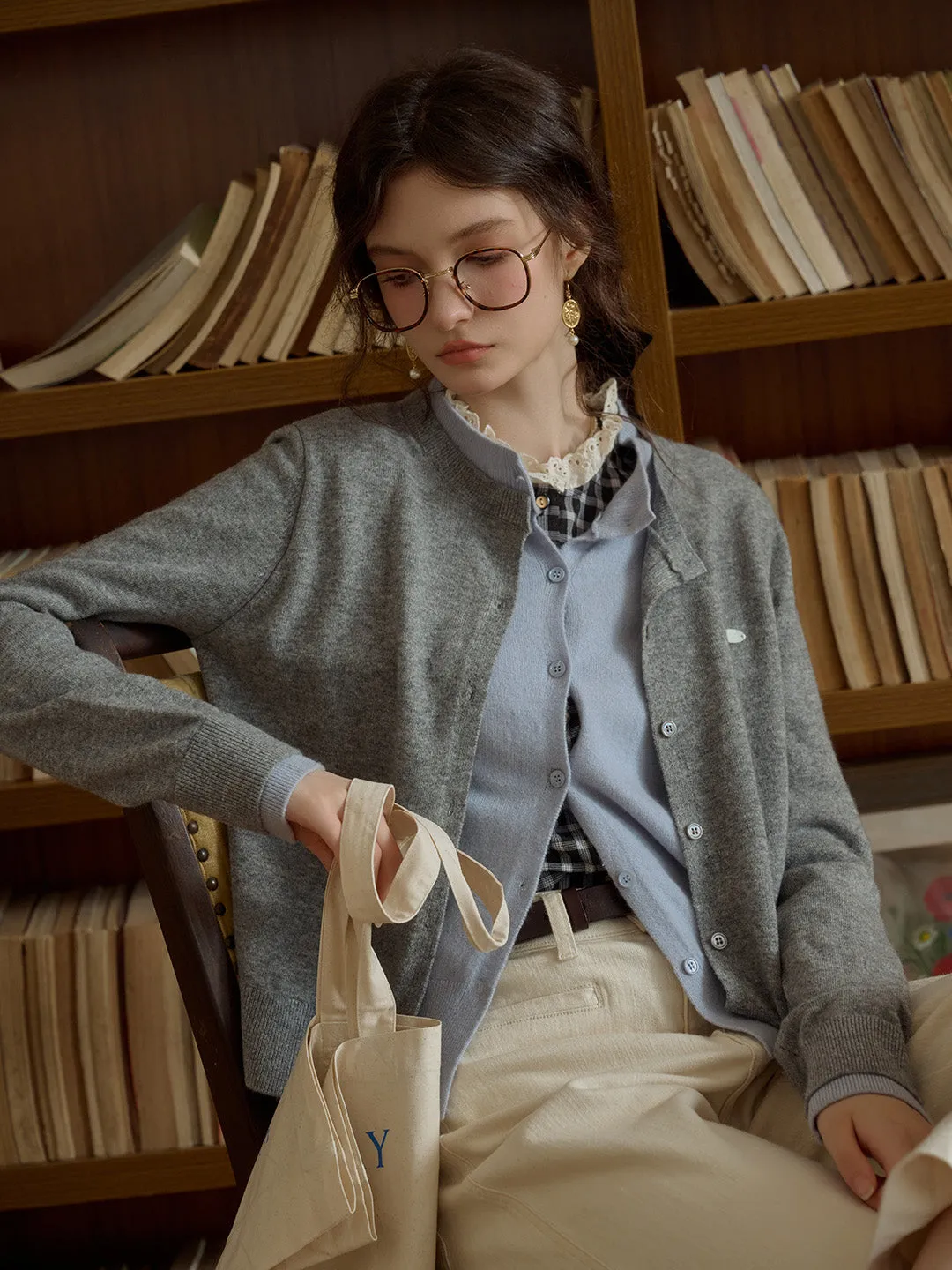 Nola SR Logo Round Neck Contrast Color Faux Two-Piece 100% Wool Cardigan - Gray Blue sold by Simple Retro