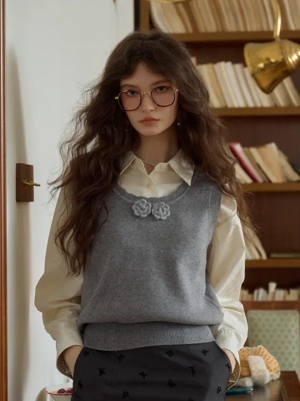 Whitley Retro Crochet Wave Edge Round Neck 3D Flower Knit Vest sold by Simple Retro