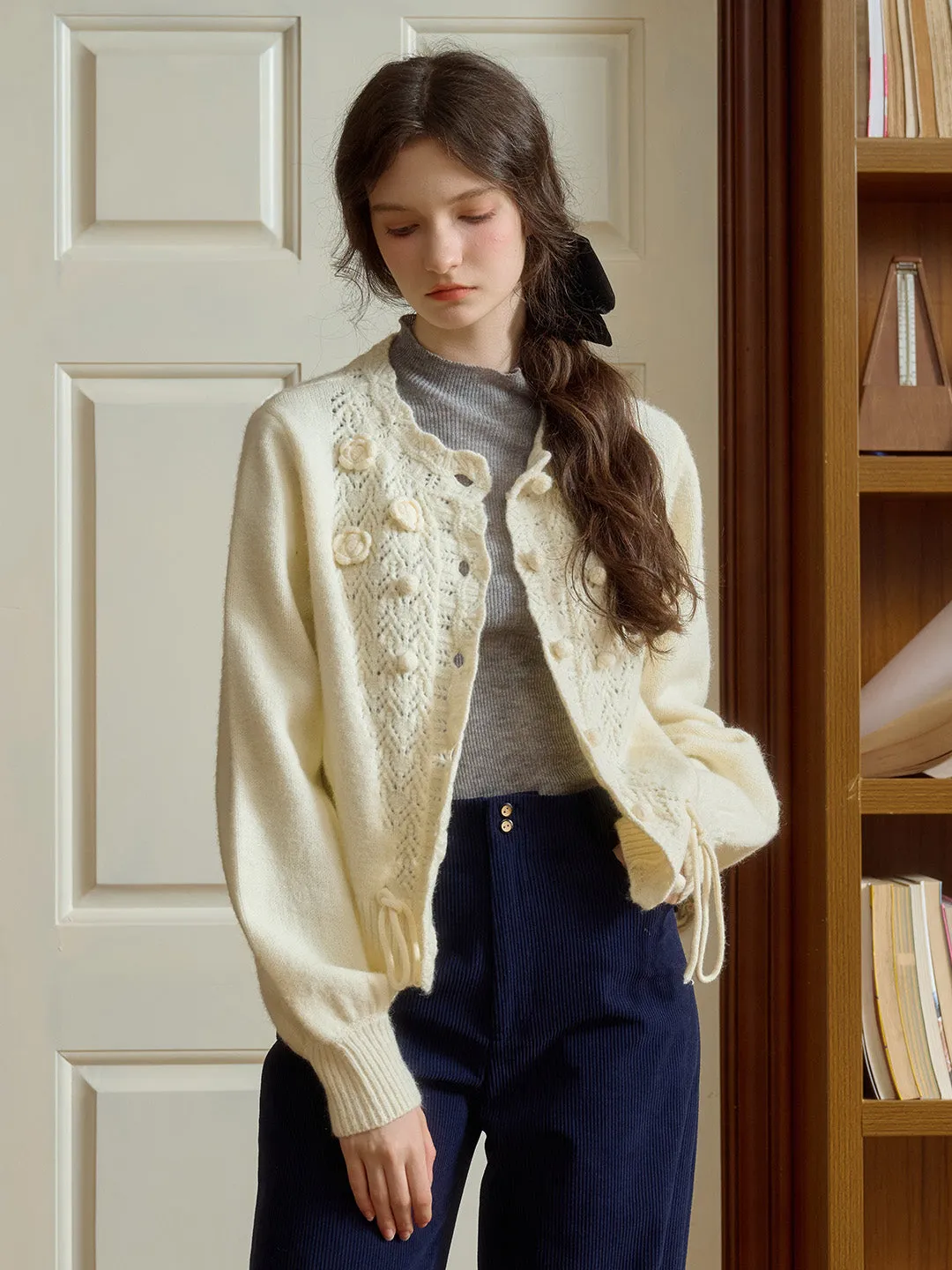 Monica Wave Collar Hollow 3D Crochet Flowers & Pompom Lace-Up Sweater Cardigan sold by Simple Retro product image thumbnail 3