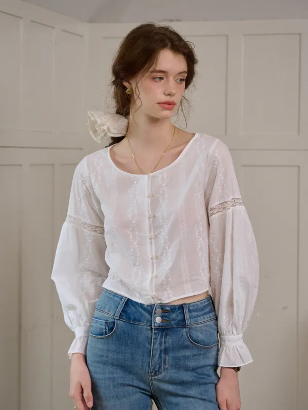 Madilynn Detachable Navy Collar Lace Panel Floral Embroidered Cotton Eedwardian Style Blouse sold by Simple Retro
