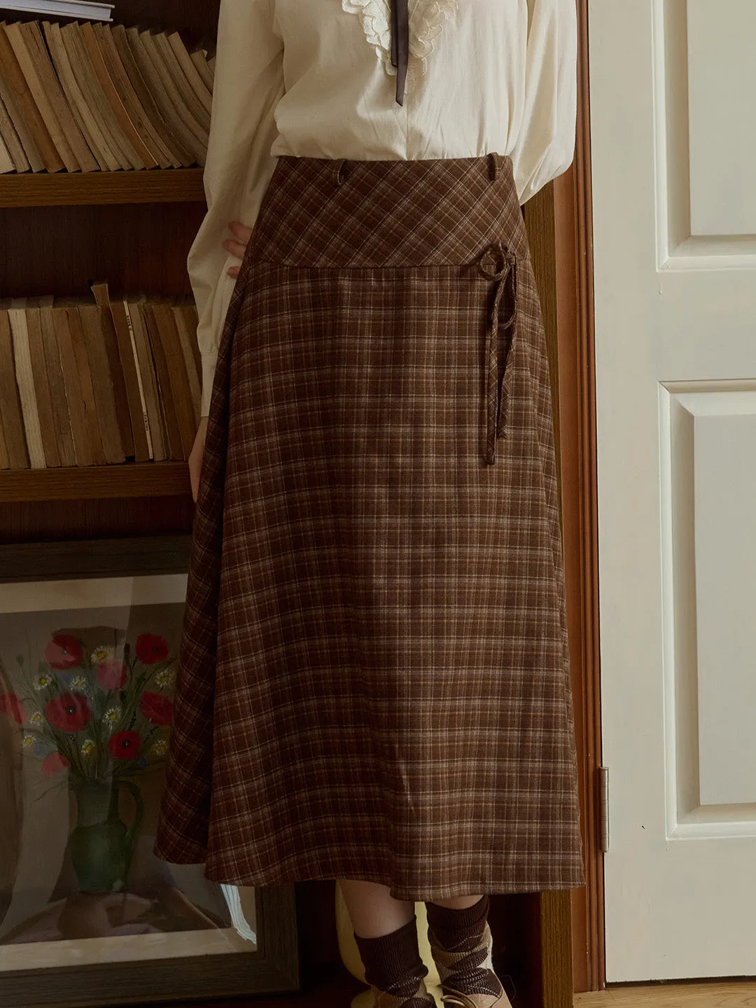Adalee Vintage Brown Plaid Bow A-Line Skirt sold by Simple Retro product image thumbnail 4