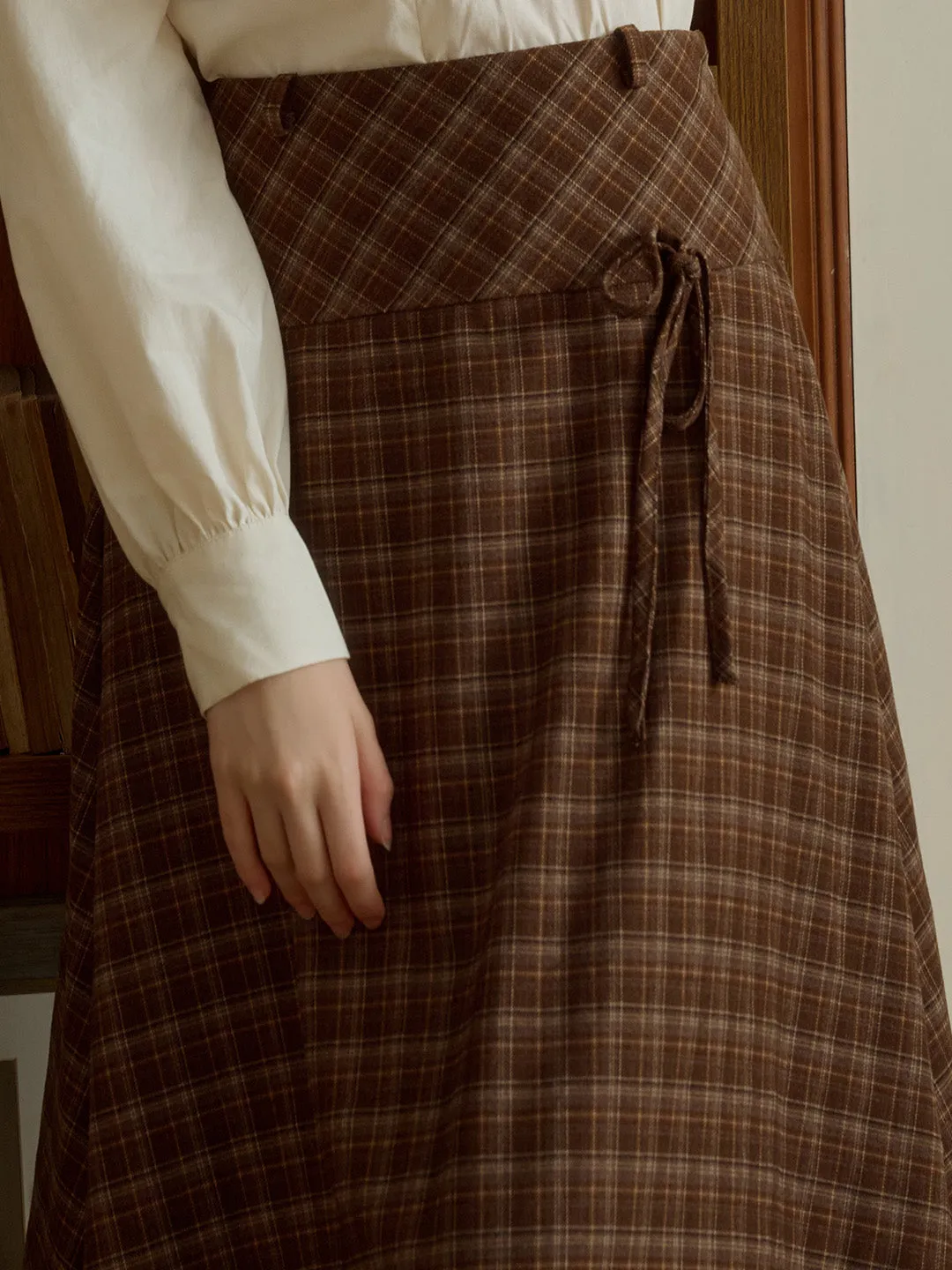 Adalee Vintage Brown Plaid Bow A-Line Skirt sold by Simple Retro product image thumbnail 2