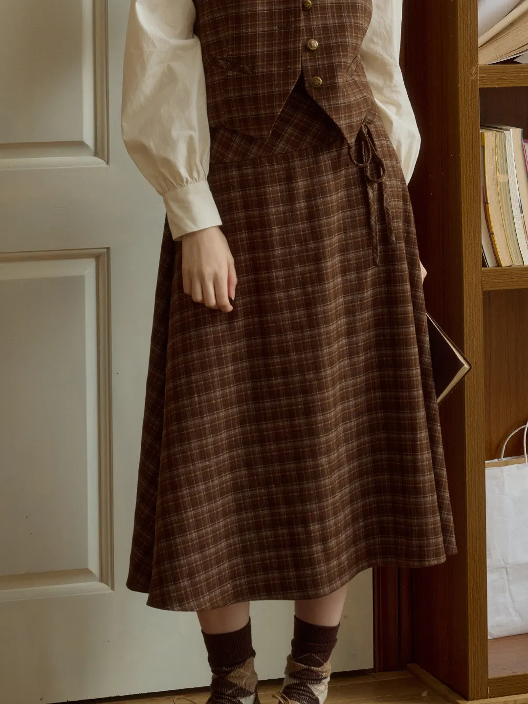 Adalee Vintage Brown Plaid Bow A-Line Skirt sold by Simple Retro