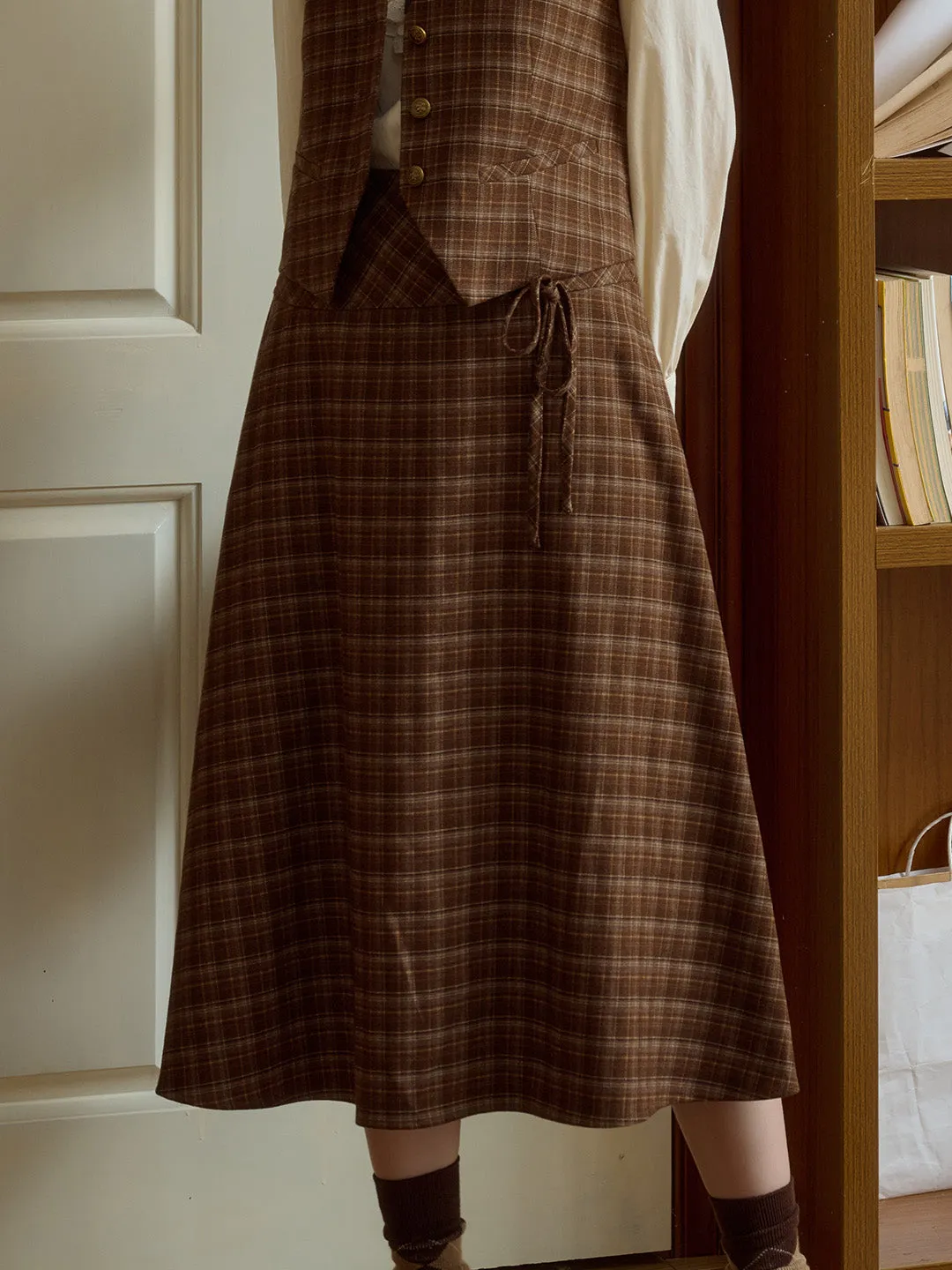 Adalee Vintage Brown Plaid Bow A-Line Skirt sold by Simple Retro product image thumbnail 3
