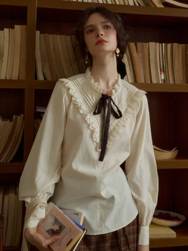 Yareli Vintage Lace Panel Contrasting Lace-up Round Neck Blouse sold by Simple Retro