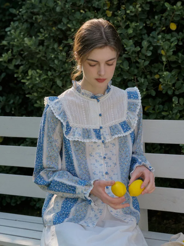 Emmie Trimmed Mock Neck Contrast Lace Floral Print Patchwork Blouse sold by Simple Retro