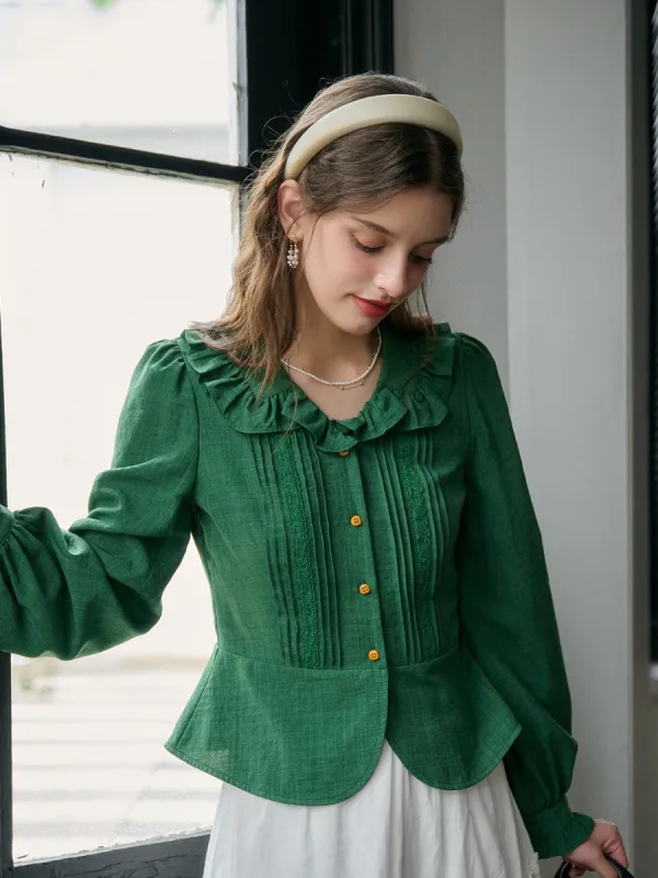 Karina Trimmed Lapel Rose Hem Ruffle Blouse sold by Simple Retro