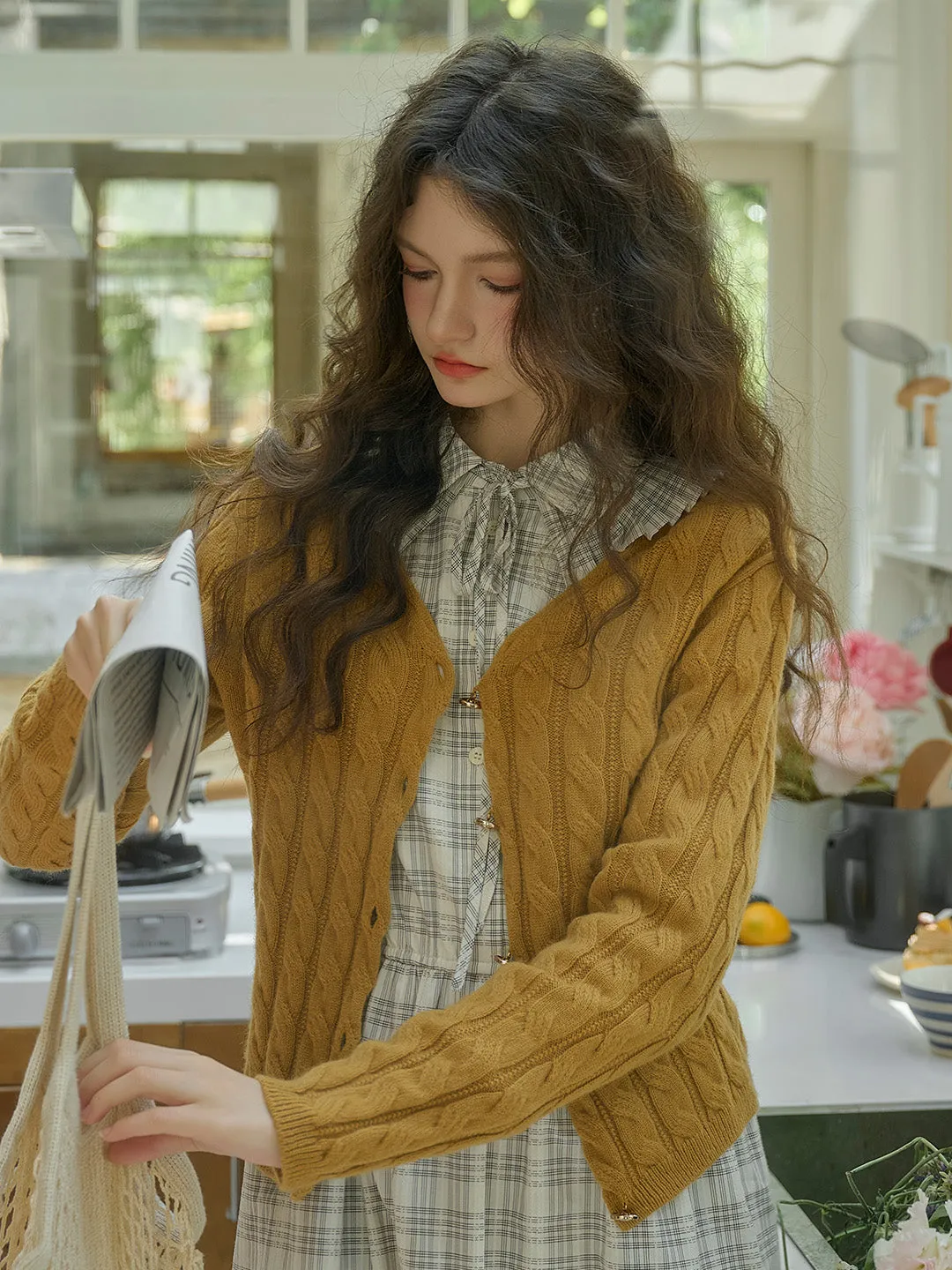 Aviana Versatile V-Neck 100% Wool Retro Cable-Knit Texture Sweater Cardigan- Yellow sold by Simple Retro