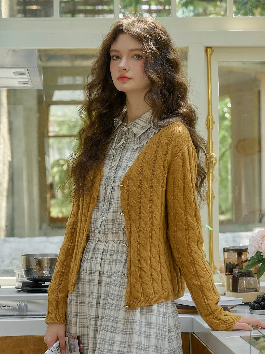 Aviana Versatile V-Neck 100% Wool Retro Cable-Knit Texture Sweater Cardigan- Yellow sold by Simple Retro product image thumbnail 5