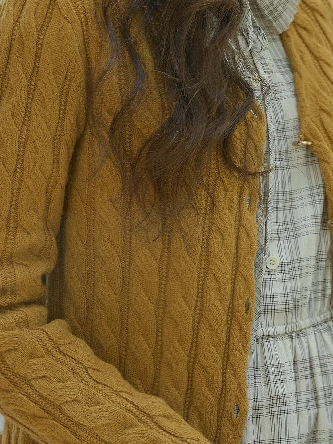 Aviana Versatile V-Neck 100% Wool Retro Cable-Knit Texture Sweater Cardigan- Yellow sold by Simple Retro product image thumbnail 2