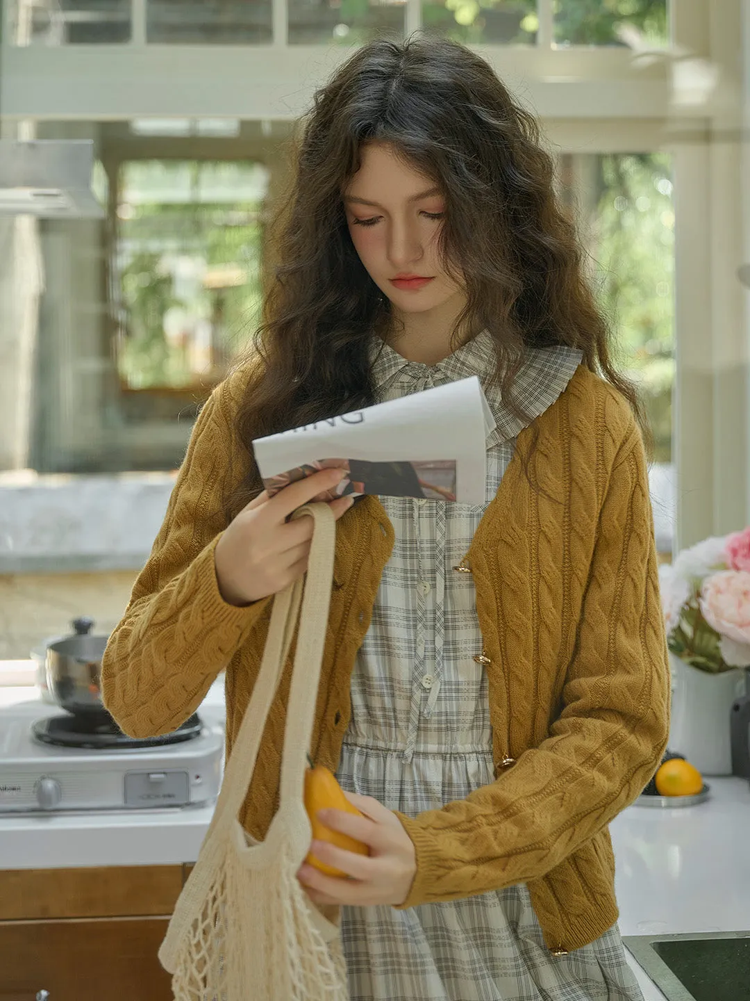 Aviana Versatile V-Neck 100% Wool Retro Cable-Knit Texture Sweater Cardigan- Yellow sold by Simple Retro product image thumbnail 4