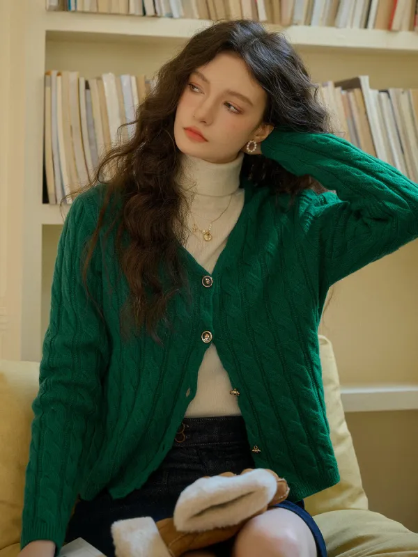 Aviana Versatile V-Neck 100% Wool Retro Cable-Knit Texture Sweater Cardigan- Green sold by Simple Retro