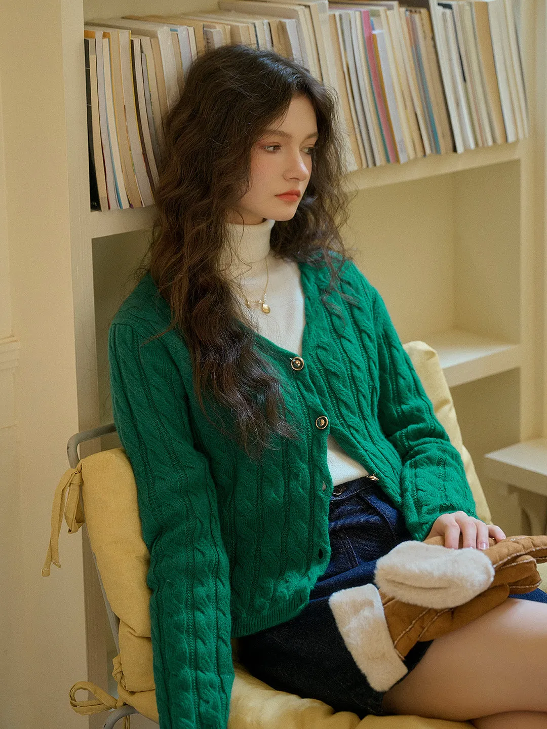 Aviana Versatile V-Neck 100% Wool Retro Cable-Knit Texture Sweater Cardigan- Green sold by Simple Retro product image thumbnail 4