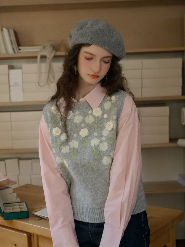 Kensley Ribbed Crew Neck Jacquard Rose & 3D Rose Sweater Vest sold by Simple Retro