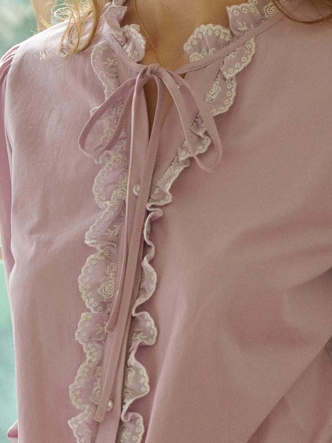 Kaiya Trimmed Lace-up Round Neck Lace Paneling Cotton Blouse sold by Simple Retro product image thumbnail 2