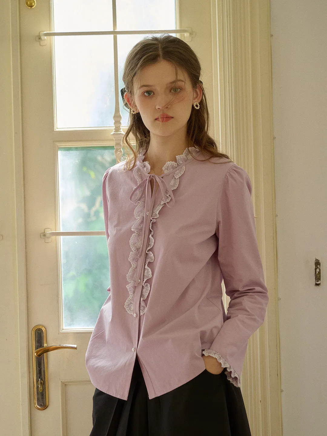 Kaiya Trimmed Lace-up Round Neck Lace Paneling Cotton Blouse sold by Simple Retro product image thumbnail 4