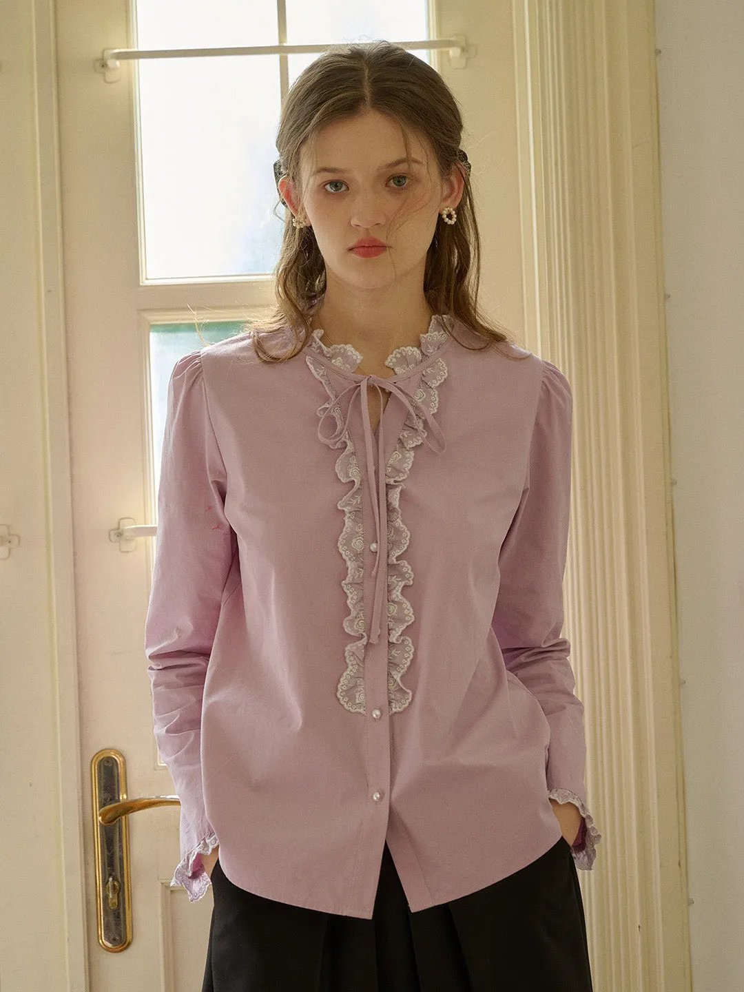 Kaiya Trimmed Lace-up Round Neck Lace Paneling Cotton Blouse sold by Simple Retro