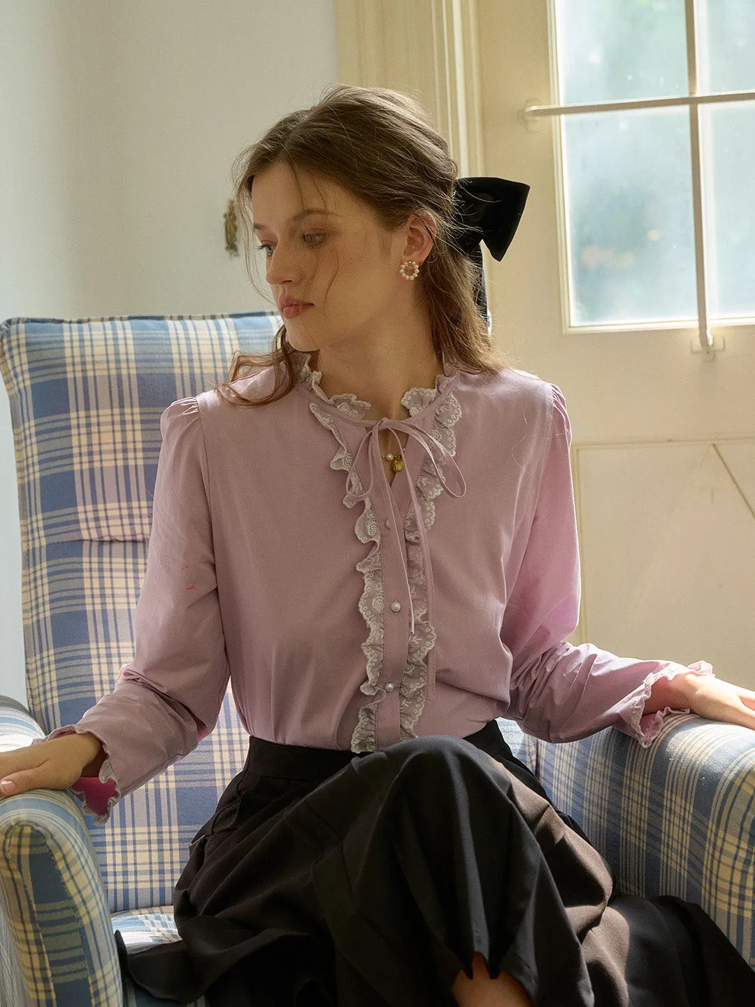 Kaiya Trimmed Lace-up Round Neck Lace Paneling Cotton Blouse sold by Simple Retro product image thumbnail 5