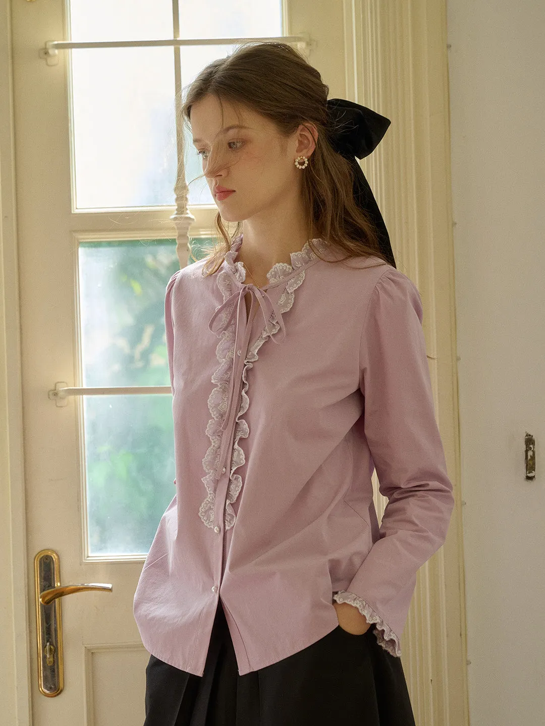 Kaiya Trimmed Lace-up Round Neck Lace Paneling Cotton Blouse sold by Simple Retro product image thumbnail 3