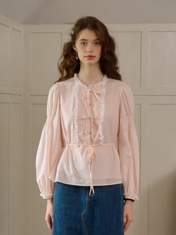 【Final Sale】Aileen Contrast Lace Round Neck Bow Cotton Blouse sold by Simple Retro