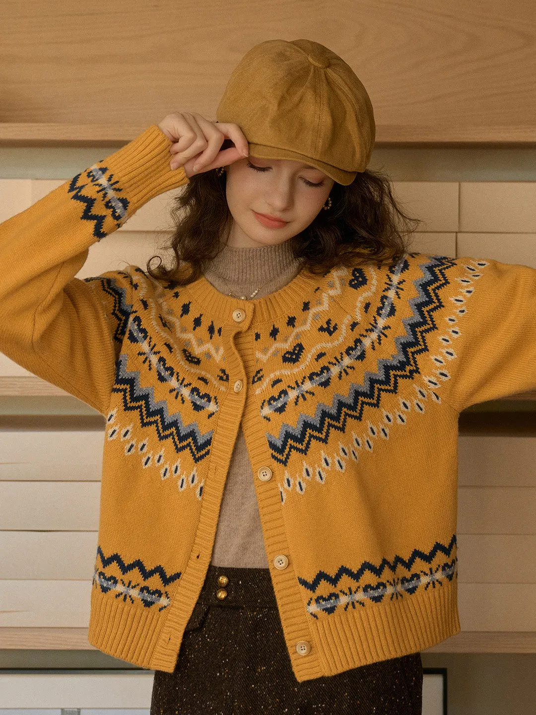 Kinslee Rib Crew Neck SR Exclusive Design Jacquard Fair Isle Cardigan sold by Simple Retro