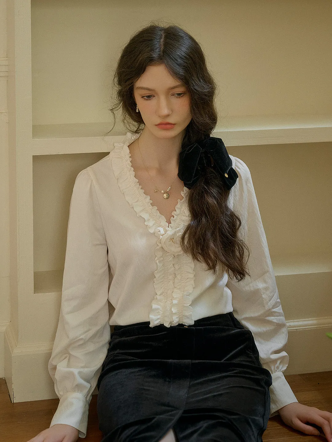 Denver V Neck 3D Rose Trim Blouse sold by Simple Retro