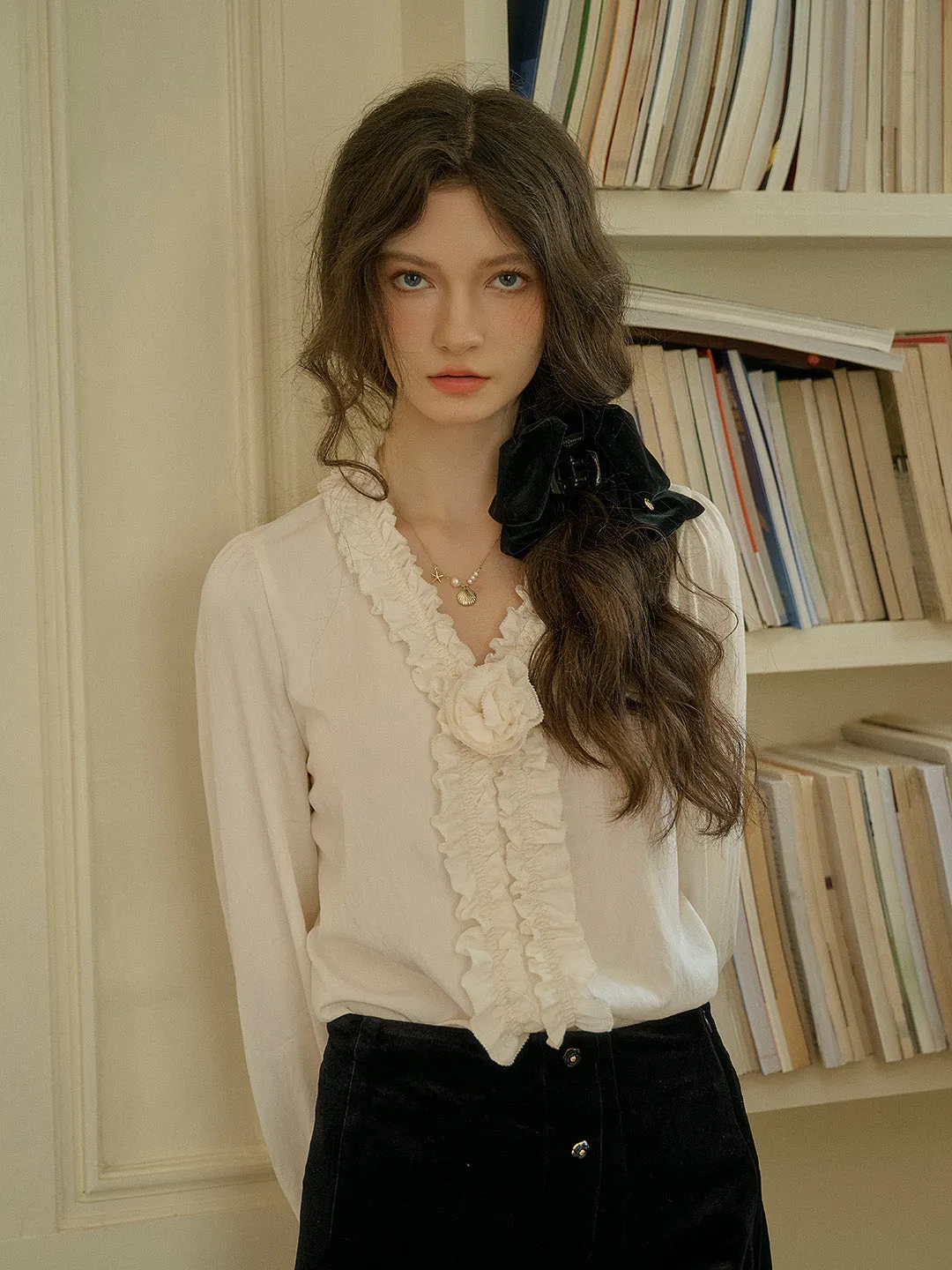 Denver V Neck 3D Rose Trim Blouse sold by Simple Retro product image thumbnail 3