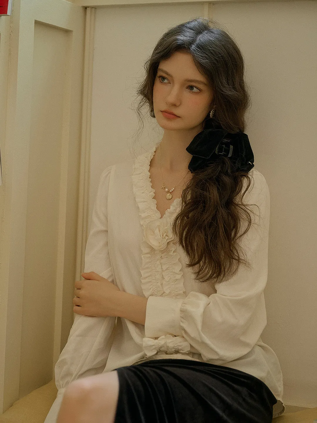 Denver V Neck 3D Rose Trim Blouse sold by Simple Retro product image thumbnail 5