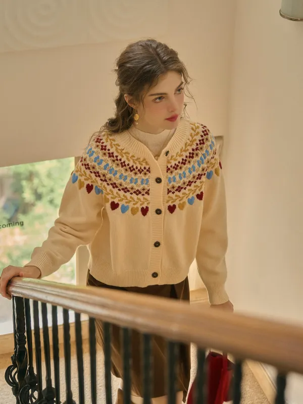 Jessie Classic Crew Collar SR Exclusive Design Fair Isle Cardigan-Apricot sold by Simple Retro