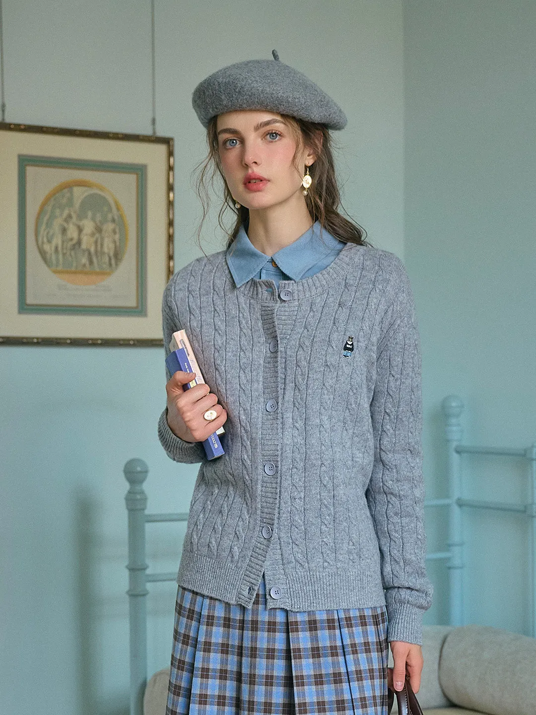 Louisa Classic Round Neck Embroidered Knitted Cardigan-Gray sold by Simple Retro product image thumbnail 5