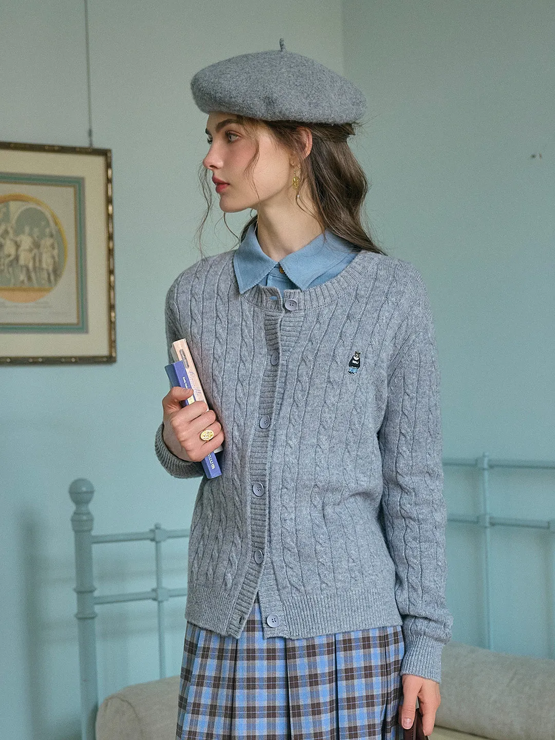 Louisa Classic Round Neck Embroidered Knitted Cardigan-Gray sold by Simple Retro product image thumbnail 3