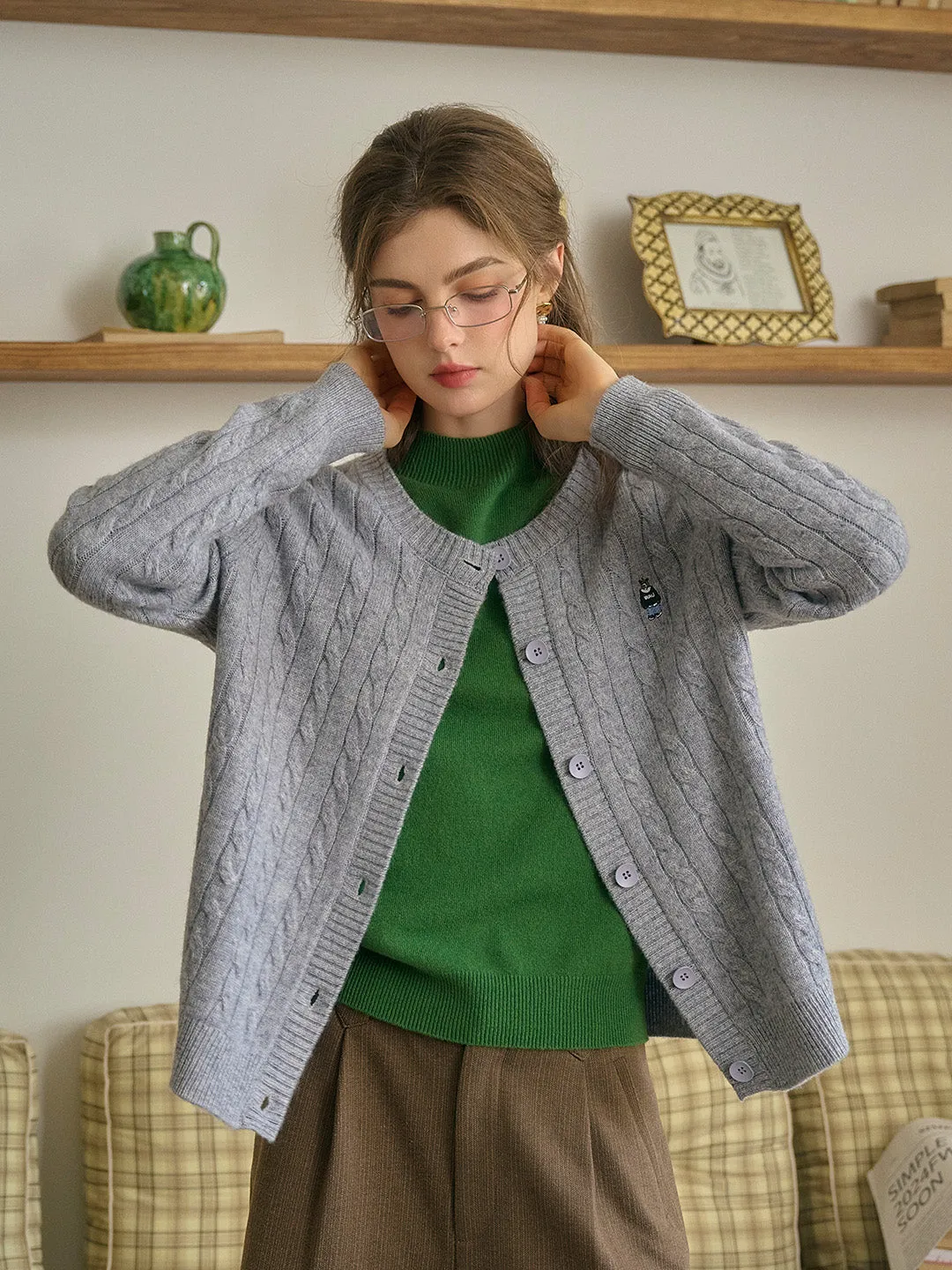 Louisa Classic Round Neck Embroidered Knitted Cardigan-Gray sold by Simple Retro product image thumbnail 2