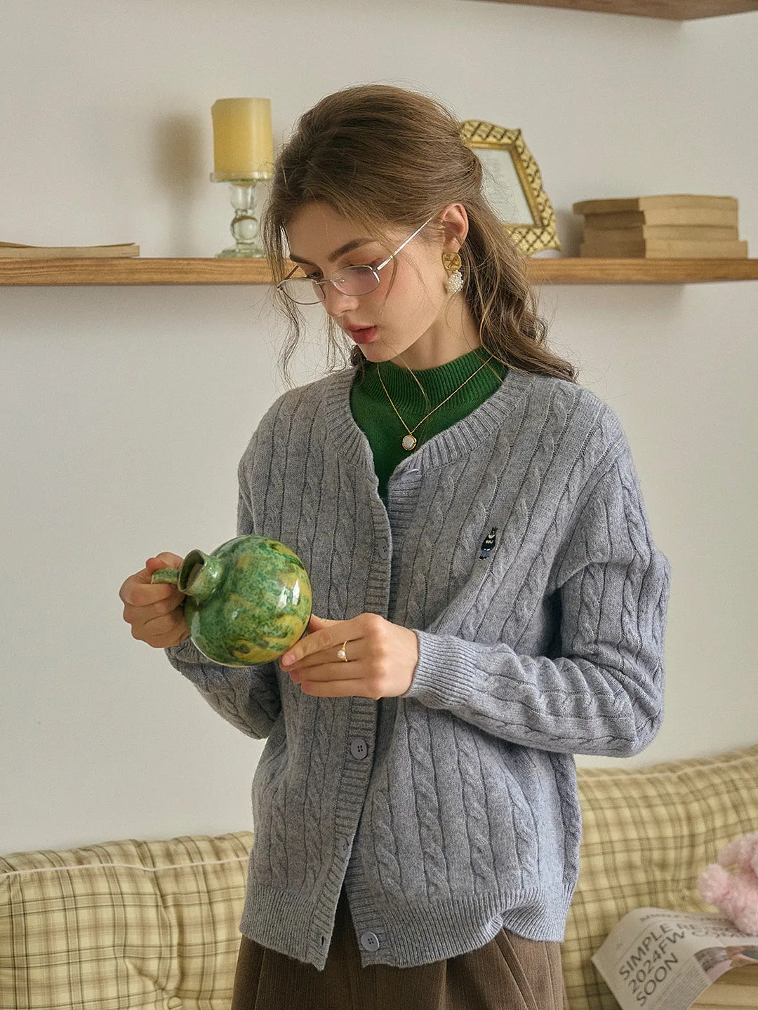 Louisa Classic Round Neck Embroidered Knitted Cardigan-Gray sold by Simple Retro