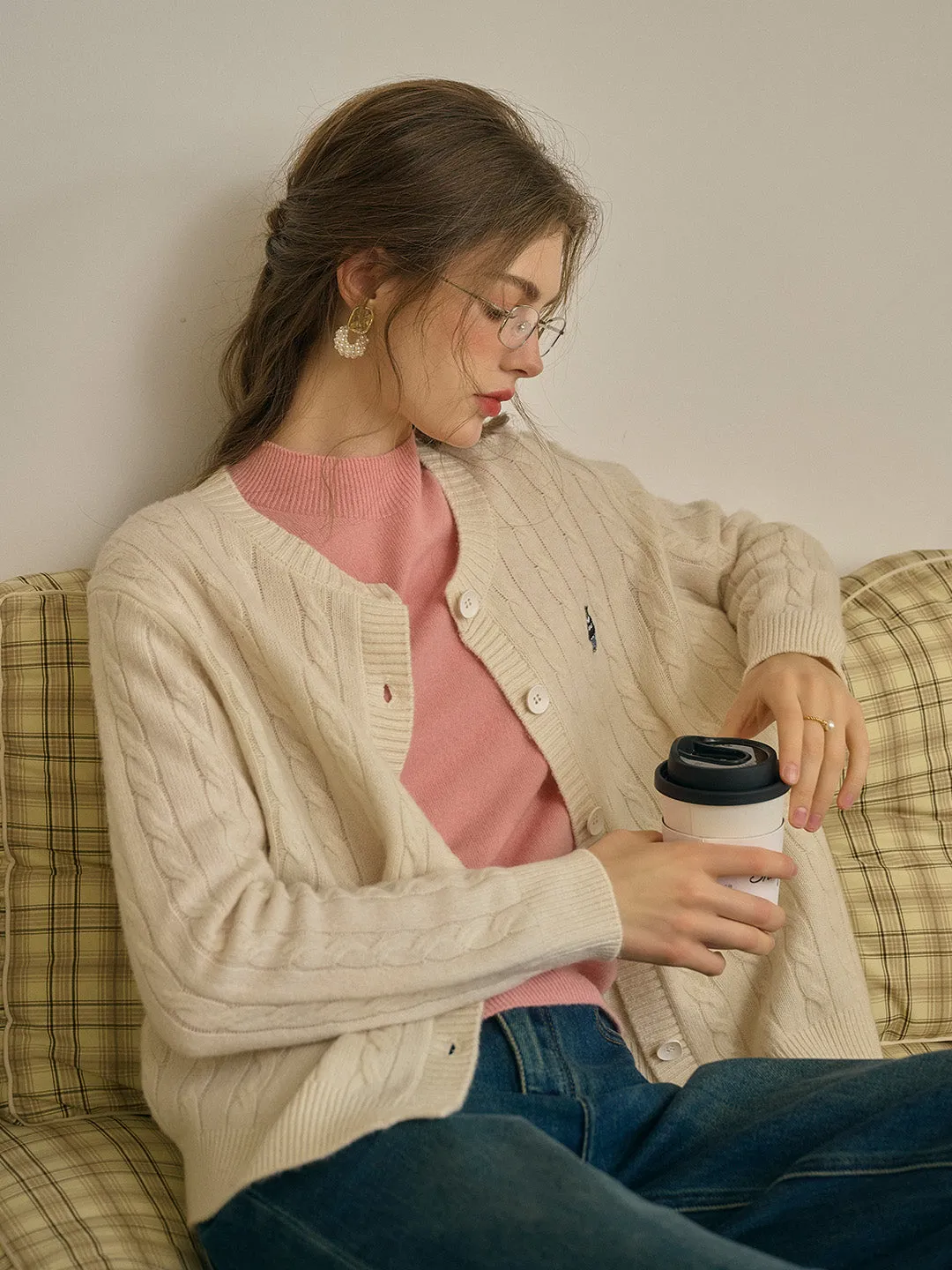 Louisa Classic Round Neck Embroidered Knitted Cardigan-Apricot sold by Simple Retro product image thumbnail 3